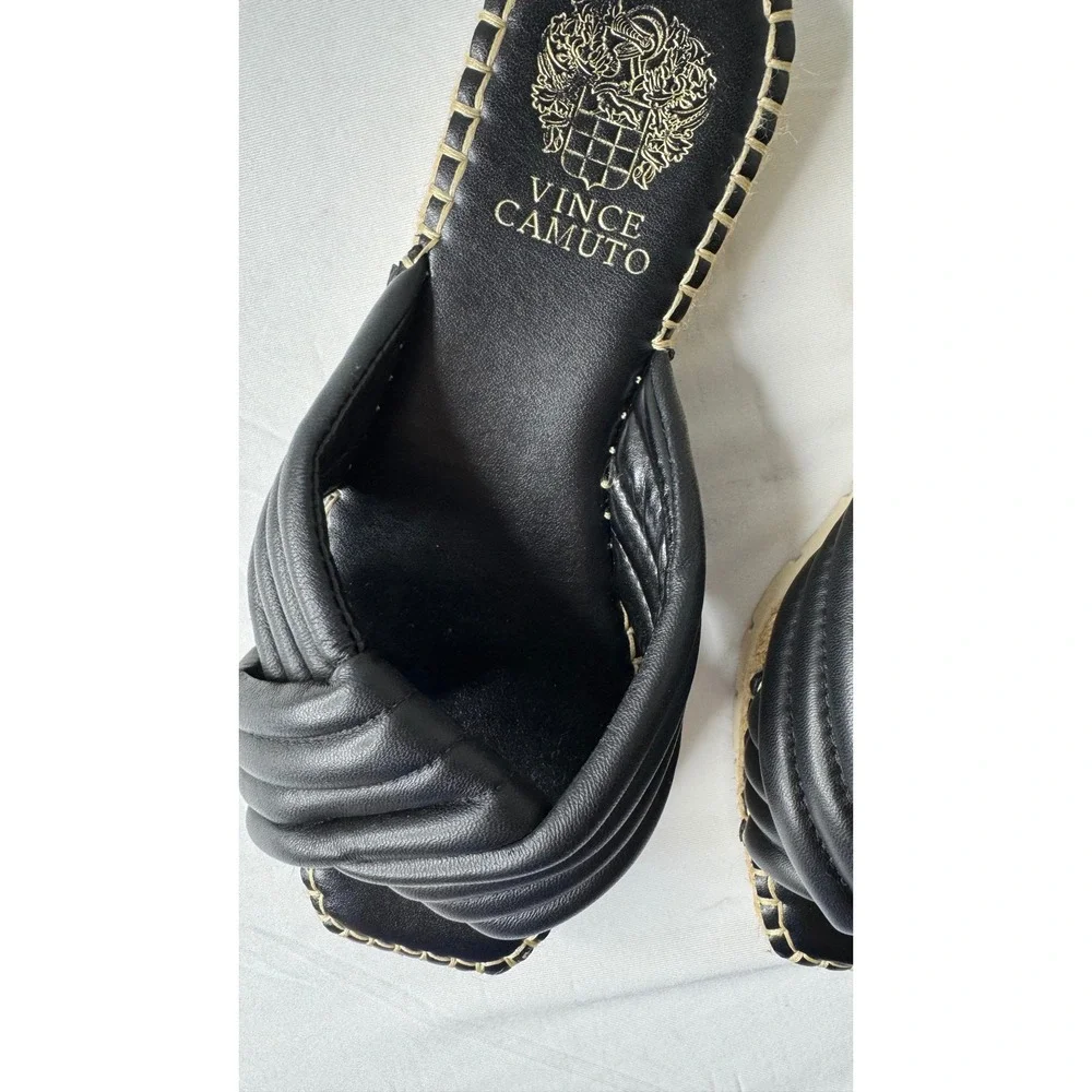 Vince Camuto Black Leather Quilted Twist Espadrille Platform Slide Sandals
